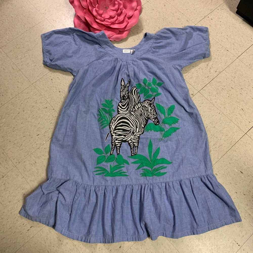 GO SOFTLY Patio Womens Sz L Blue Embroidered Applique Zebra Short Sleeve Dress